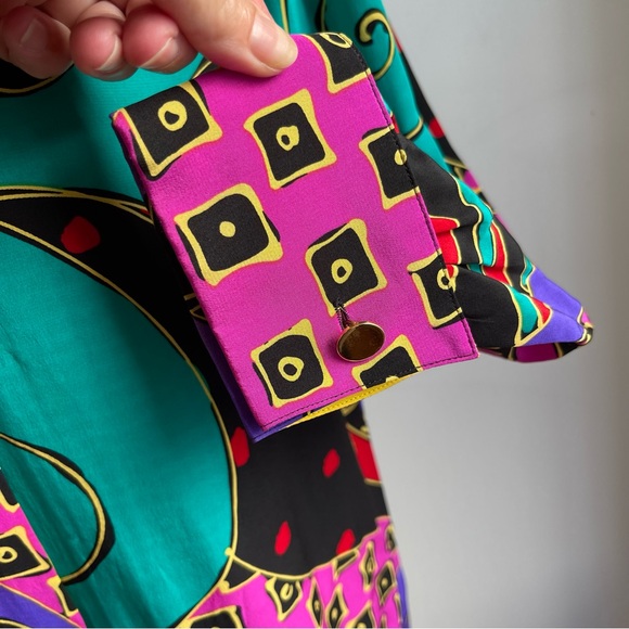 Vintage 90s Starington by Charlotte Silk Blouse Graphic Cuffs Size 4 - Picture 3 of 8